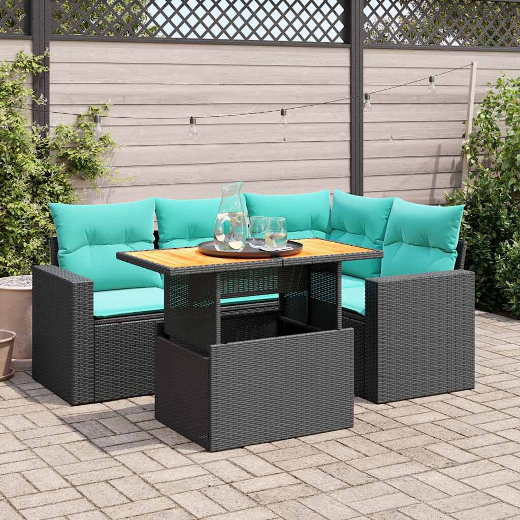 vidaXL 5 Piece Garden Sofa Set with Cushions Black Poly Rattan