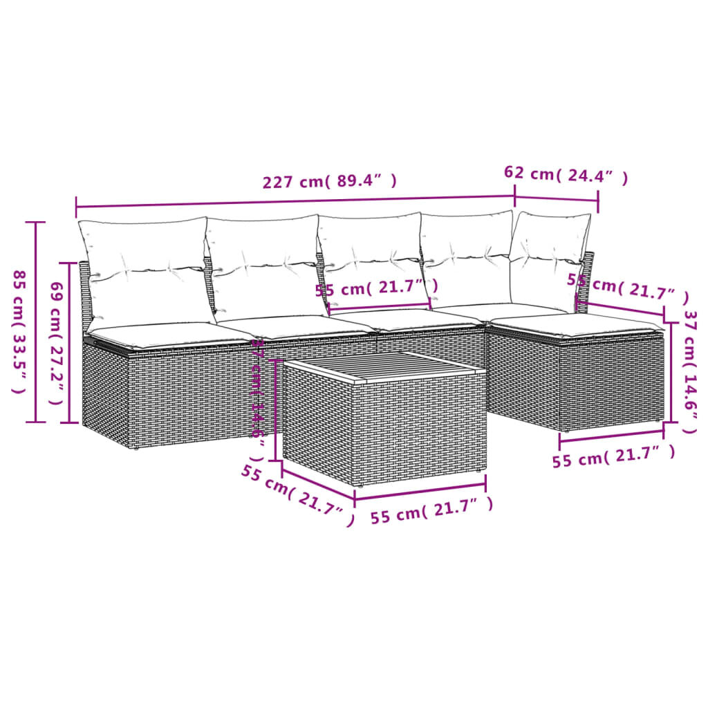 vidaXL 6 Piece Garden Sofa Set with Cushions Beige Poly Rattan