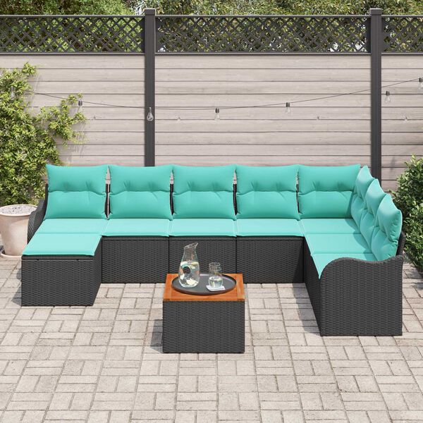 vidaXL 9 Piece Garden Sofa Set with Cushions Black Poly Rattan Acacia