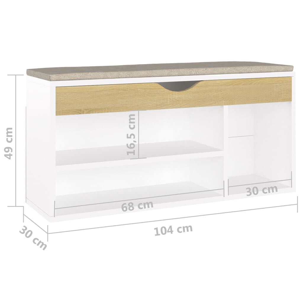 vidaXL Shoe Bench with Cushion White and Sonoma Oak 104x30x49 cm Engineered Wood