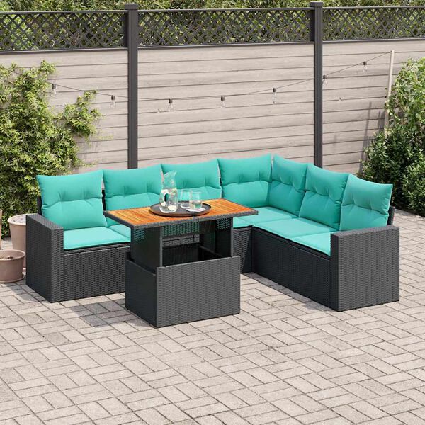 vidaXL 7 Piece Garden Sofa Set with Cushions Black Poly Rattan