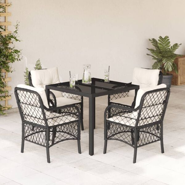 vidaXL 5 Piece Garden Dining Set with Cushions Black Poly Rattan
