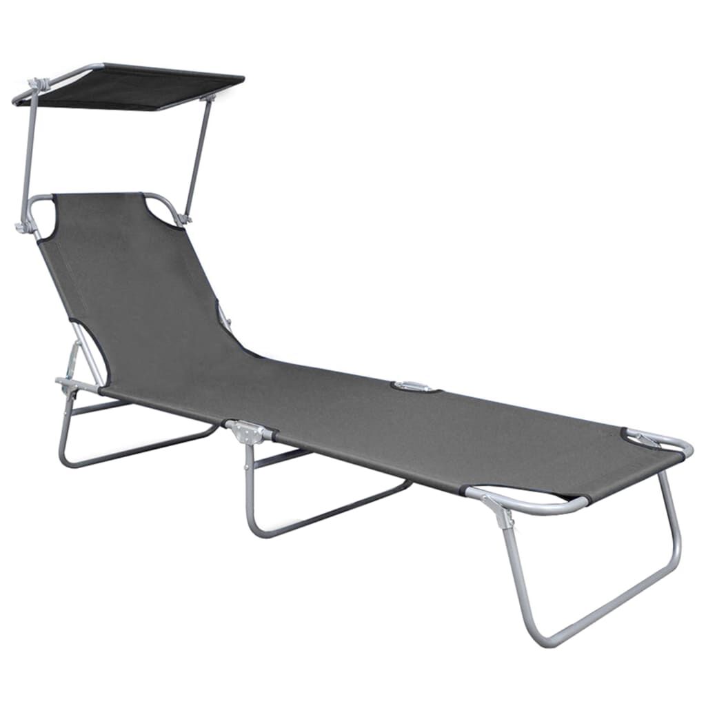 vidaXL Folding Sun Lounger with Canopy Grey Aluminium