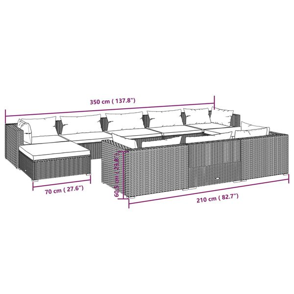 vidaXL 10 Piece Garden Lounge Set with Cushions Grey Poly Rattan