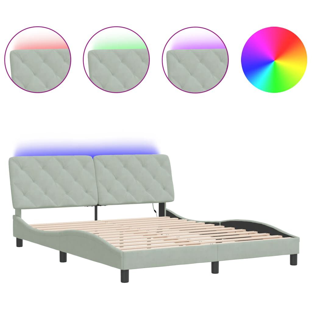 vidaXL Bed Frame with LED without Mattress Light Grey 152x203 cm Velvet