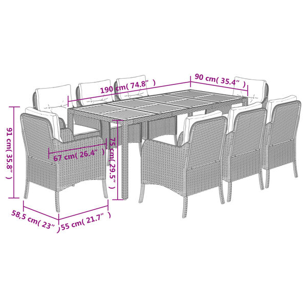 vidaXL 9 Piece Garden Dining Set with Cushions Grey Poly Rattan