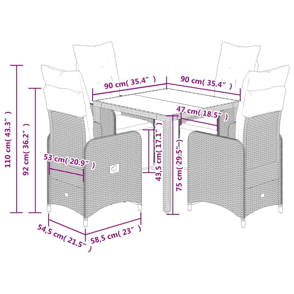 vidaXL 5 Piece Garden Bistro Set with Cushions Brown Poly Rattan