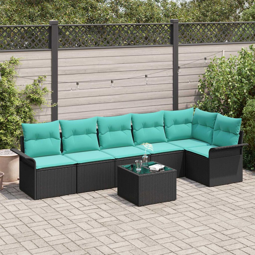 vidaXL 7 Piece Garden Sofa Set with Cushions Black Poly Rattan