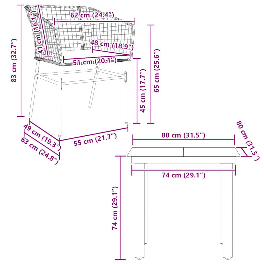 vidaXL 3 Piece Garden Dining Set with Cushions Black Poly Rattan Glass