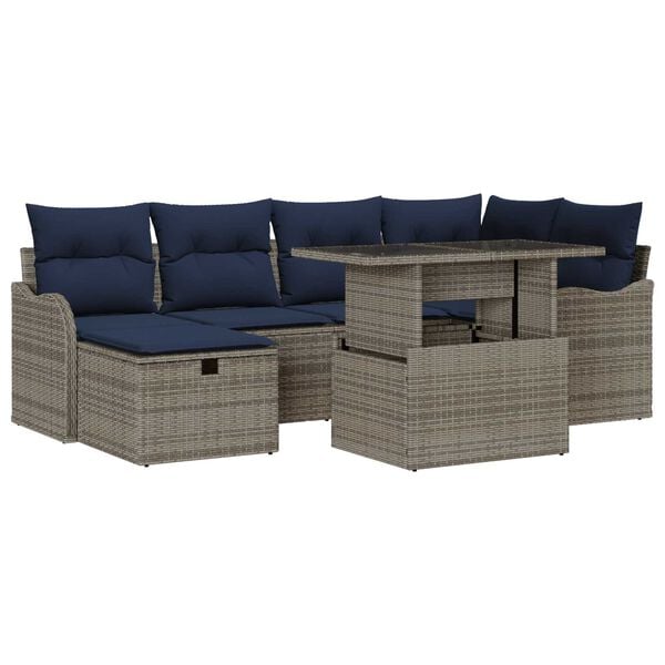 vidaXL 7 Piece Garden Sofa Set with Cushions Grey Poly Rattan