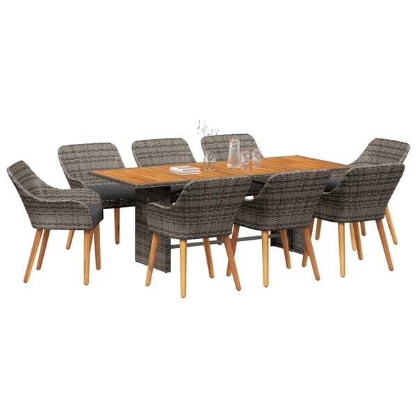 vidaXL Garden Dining Set with Cushion 9 pcs Grey and brown Poly Rattan