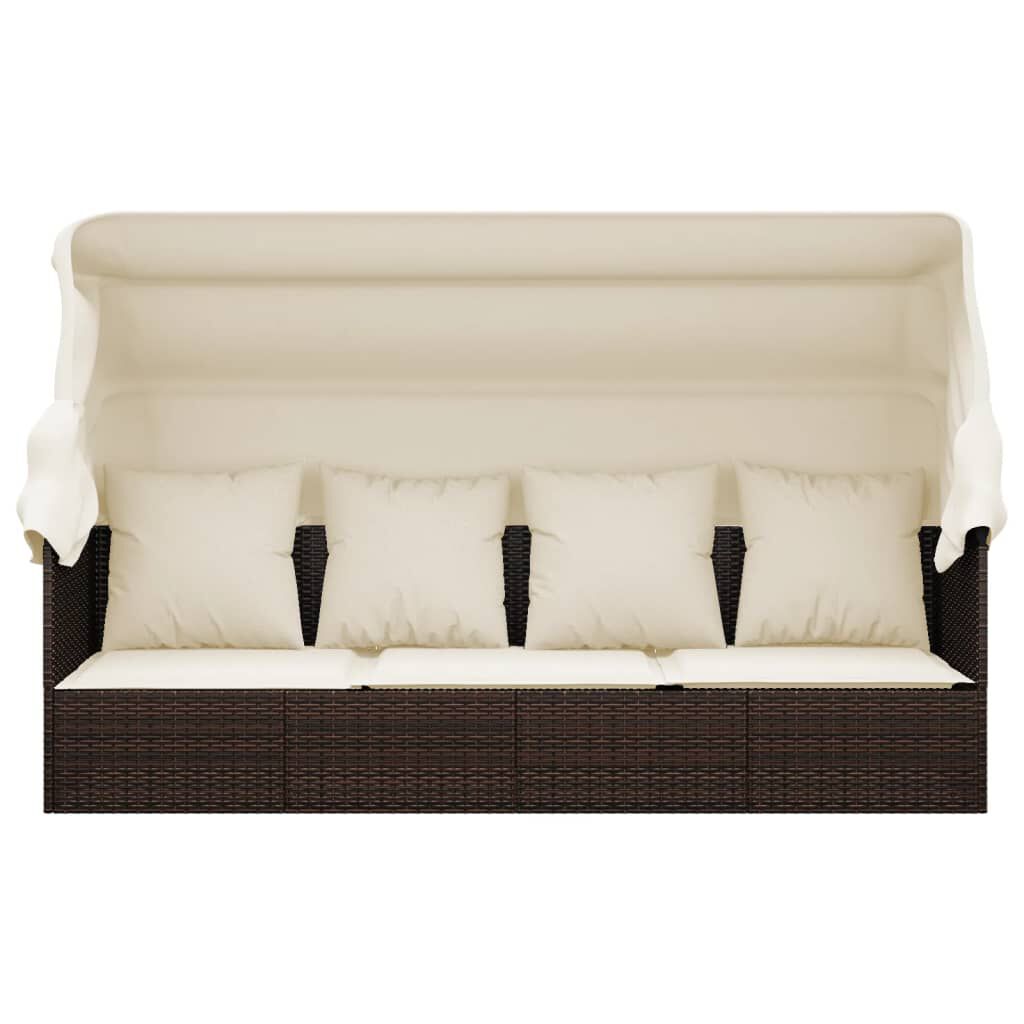 vidaXL Outdoor Lounge Bed with Roof and Cushions Brown Poly Rattan