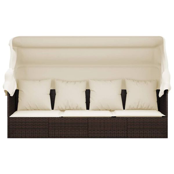 vidaXL Outdoor Lounge Bed with Roof and Cushions Brown Poly Rattan