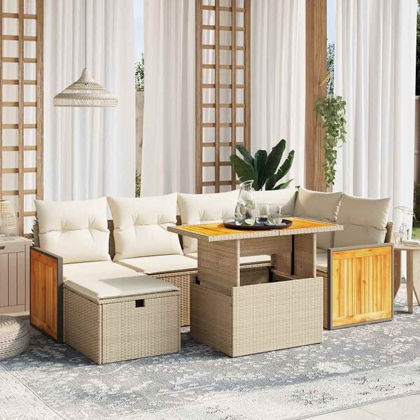vidaXL 7 Piece Garden Sofa Set with Cushions Beige Poly Rattan