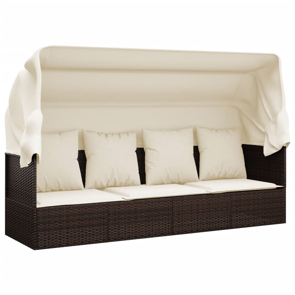 vidaXL Outdoor Lounge Bed with Roof and Cushions Brown Poly Rattan