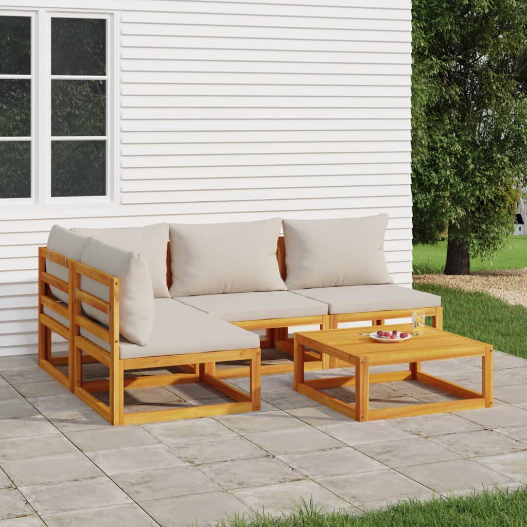 vidaXL 5 Piece Garden Lounge Set with Light Grey Cushions Solid Wood