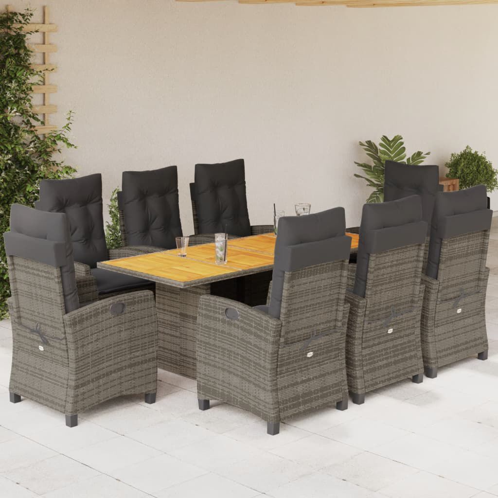 vidaXL 9 Piece Garden Dining Set with Cushions Grey Poly Rattan