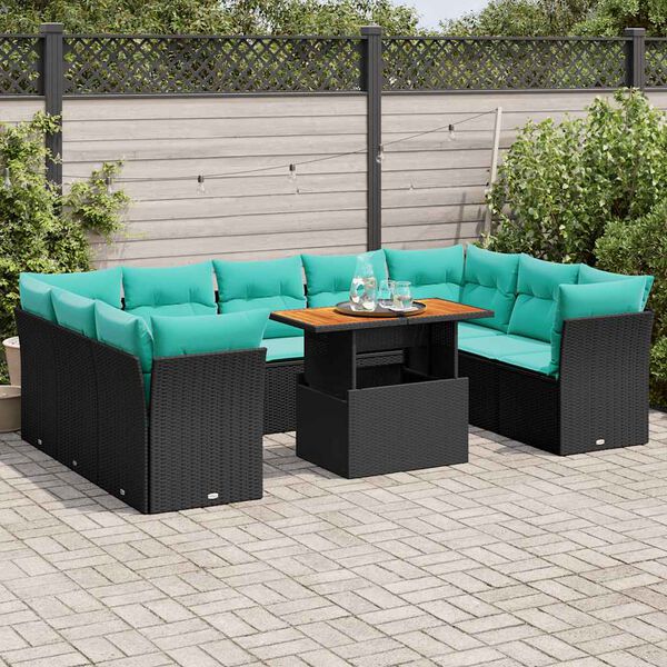 vidaXL 10 Piece Garden Sofa Set with Cushions Black Poly Rattan