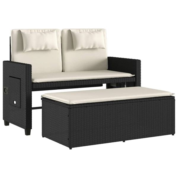 vidaXL Reclining Garden Bench with Cushions Black Poly Rattan