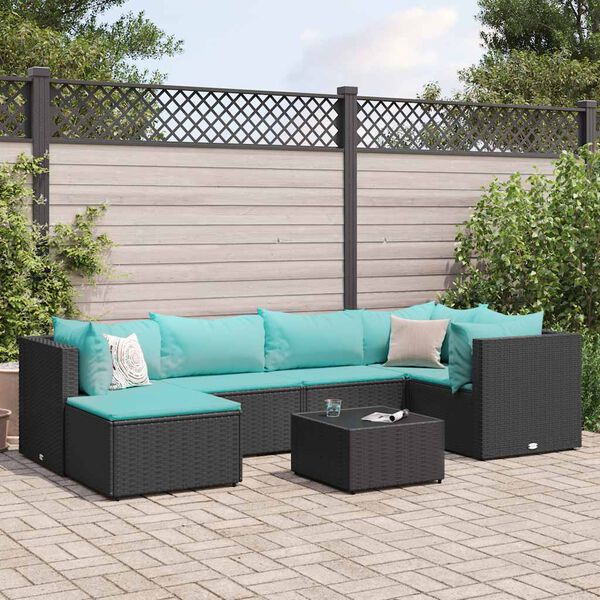 vidaXL 7 Piece Garden Lounge Set with Cushions Black Poly Rattan