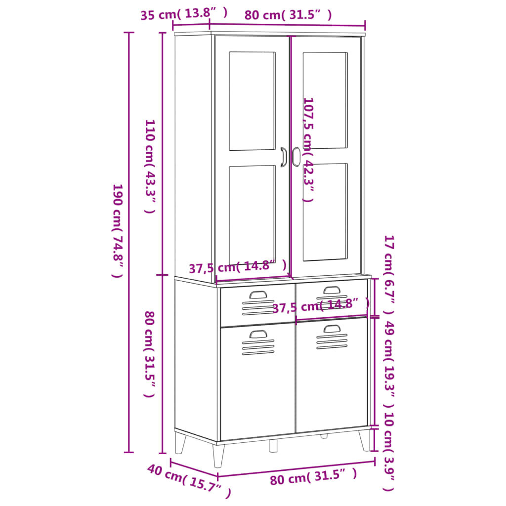 vidaXL Highboard VIKEN Black 80x40x190 cm Solid Wood Pine