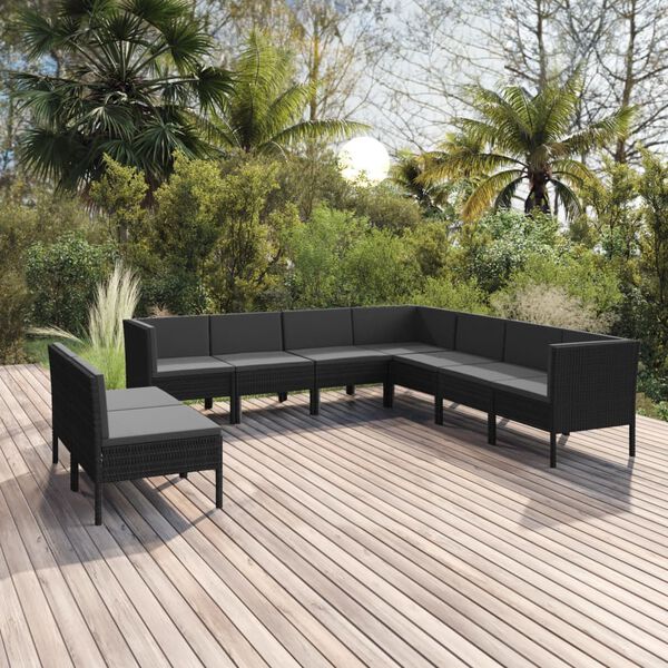 vidaXL 9 Piece Garden Lounge Set with Cushions Poly Rattan Black