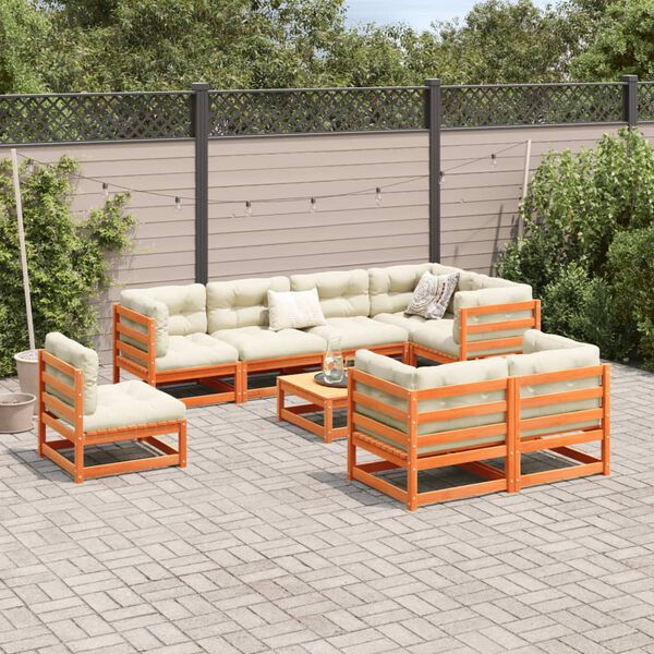 vidaXL 9 Piece Garden Sofa Set with Cushions Wax Brown Solid Wood Pine