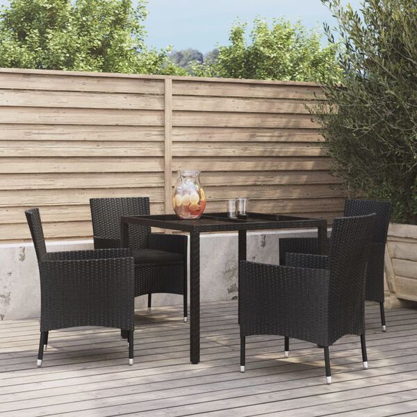 vidaXL 5 Piece Garden Dining Set with Cushions Black Poly Rattan