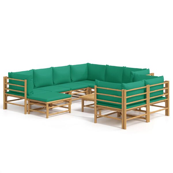 vidaXL 10 Piece Garden Lounge Set with Green Cushions Bamboo