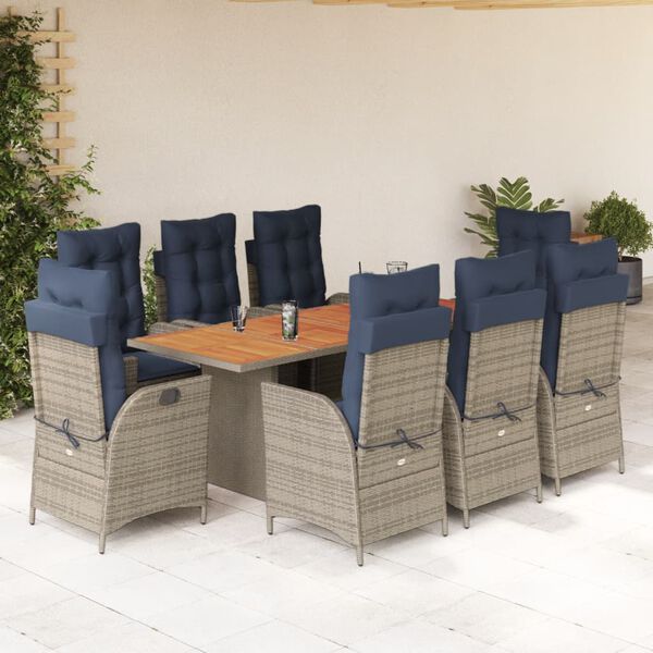 vidaXL 9 Piece Garden Dining Set with Cushions Grey Poly Rattan