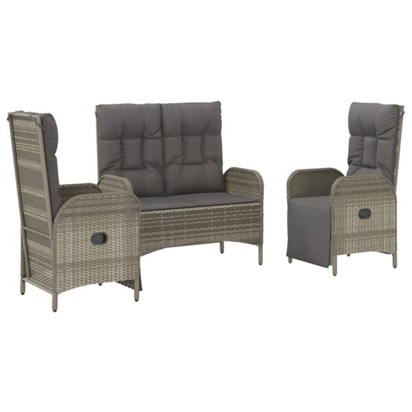 vidaXL 3 Piece Garden Dining Set with Cushions Grey Poly Rattan