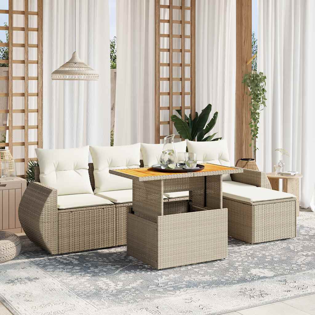 vidaXL 6 Piece Garden Sofa Set with Cushions Beige Poly Rattan