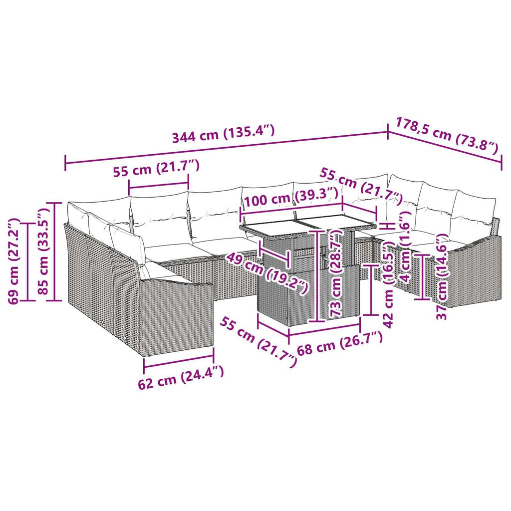 vidaXL 11 Piece Garden Sofa Set with Cushions Black Poly Rattan