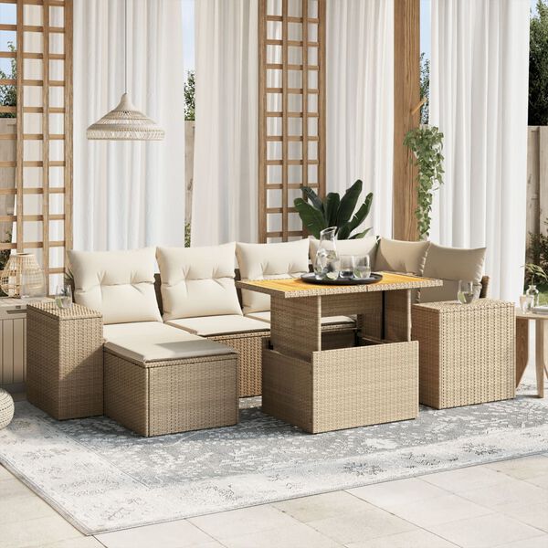 vidaXL 7 Piece Garden Sofa Set with Cushions Beige Poly Rattan