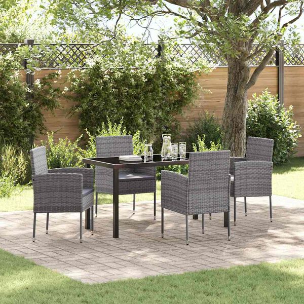 vidaXL Garden Dining Set with Cushion 5 pcs Grey Poly Rattan