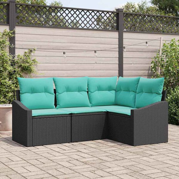 vidaXL Sofa Set with Cushion 4 pcs Black Poly Rattan