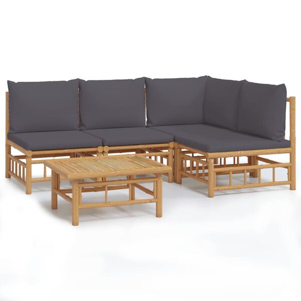 vidaXL 5 Piece Garden Lounge Set with Dark Grey Cushions Bamboo