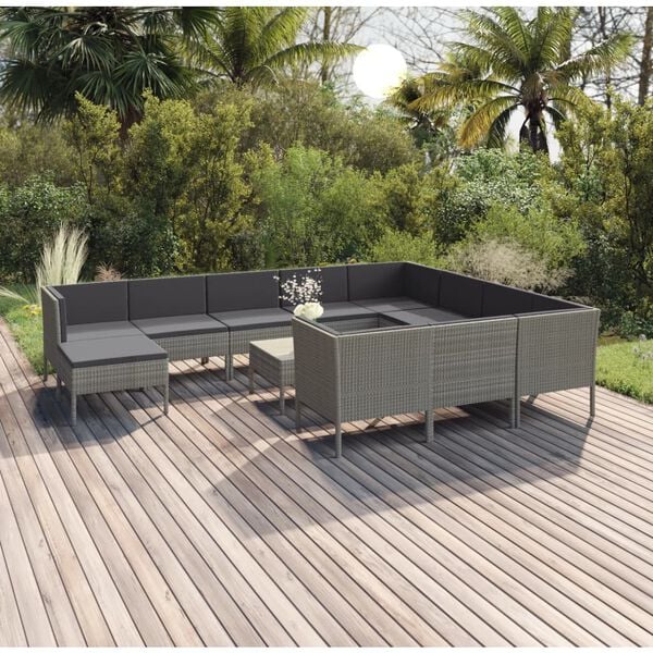 vidaXL 12 Piece Garden Lounge Set with Cushions Poly Rattan Grey