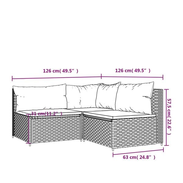 vidaXL 3 Piece Garden Lounge Set with Cushions Brown Poly Rattan