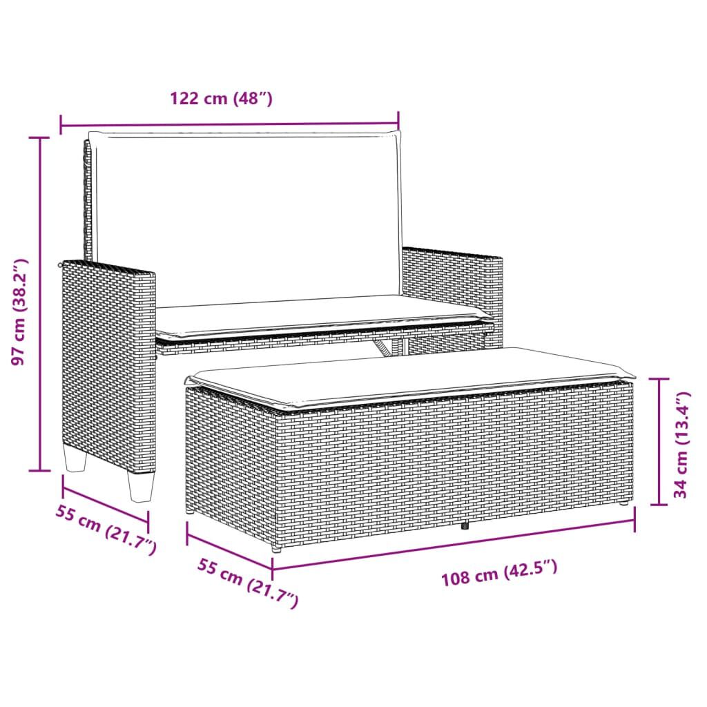 vidaXL Garden Bench with Cushions and Footstool Grey Poly Rattan