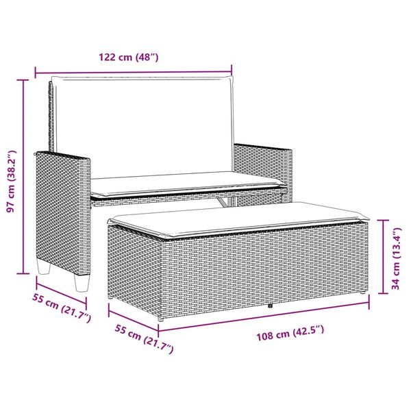 vidaXL Garden Bench with Cushions and Footstool Grey Poly Rattan