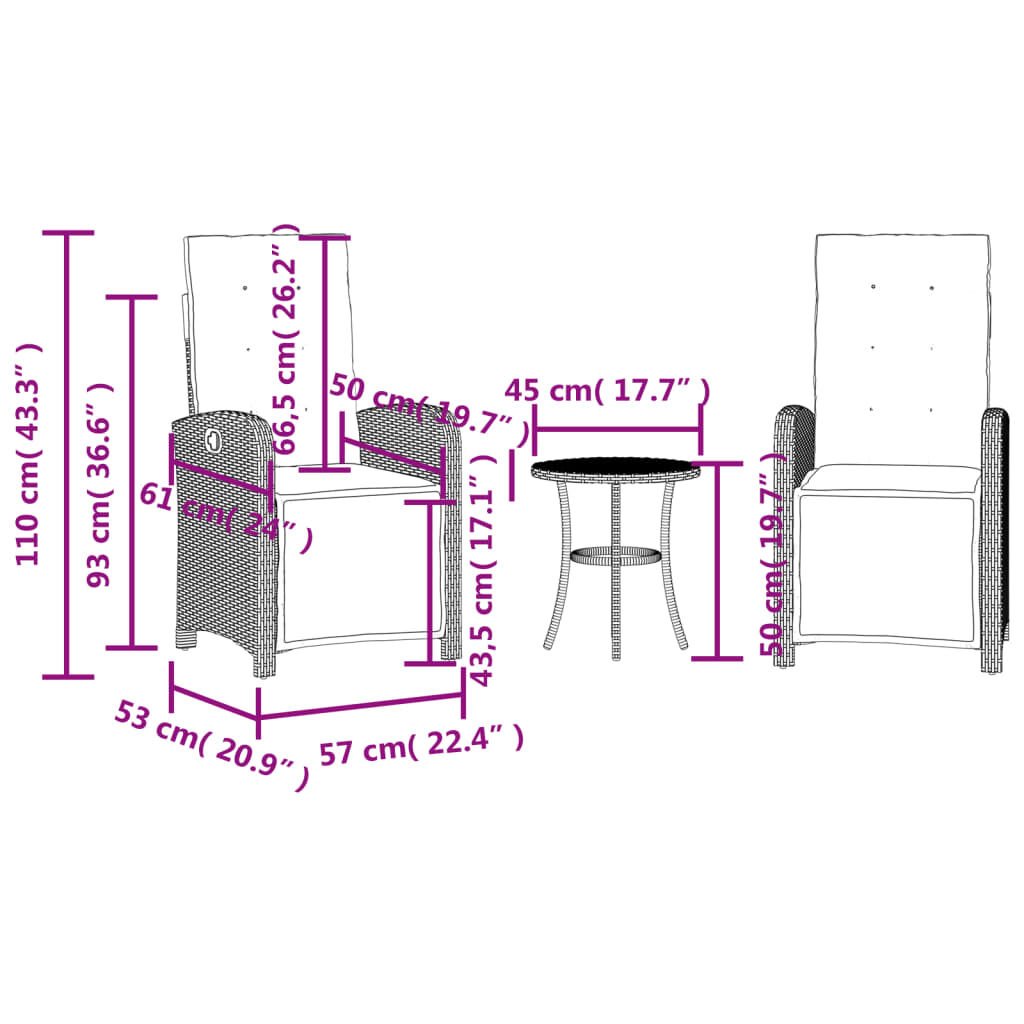 vidaXL 3 Piece Bistro Set with Cushions Beige Poly Rattan