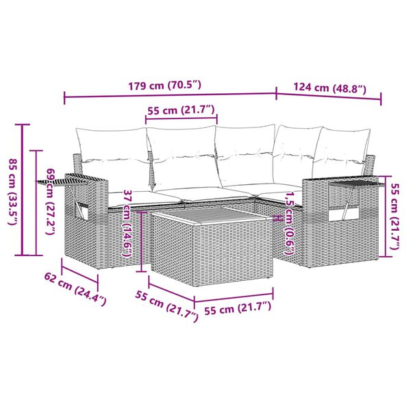 vidaXL 5 Piece Garden Sofa Set with Cushions Grey Poly Rattan