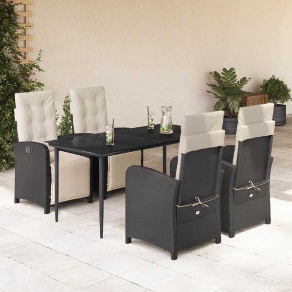 vidaXL 5 Piece Garden Dining Set with Cushions Black Poly Rattan