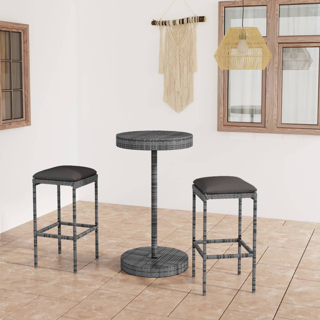 vidaXL 3 Piece Garden Bar Set with Cushions Poly Rattan Grey