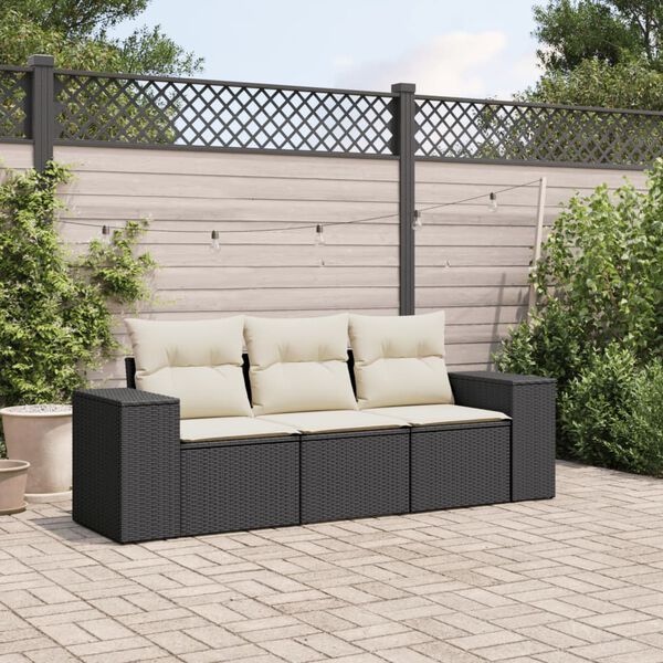 vidaXL 3 Piece Garden Sofa Set with Cushions Black Poly Rattan