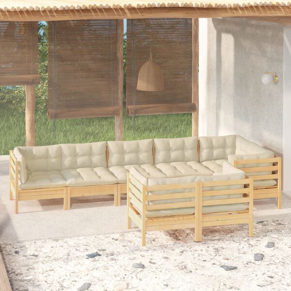 vidaXL 8 Piece Garden Lounge Set with Cream Cushions Solid Pinewood