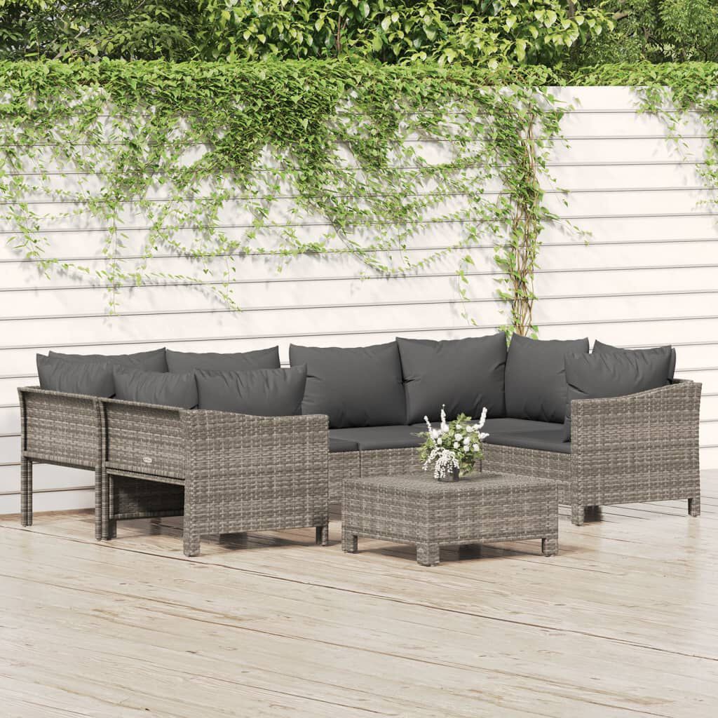 vidaXL 7 Piece Garden Lounge Set with Cushions Grey Poly Rattan