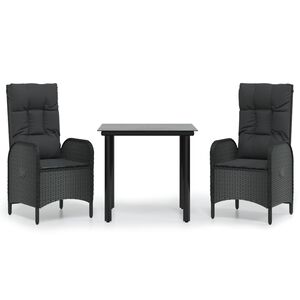 vidaXL 3 Piece Garden Dining Set with Cushions Black Poly Rattan