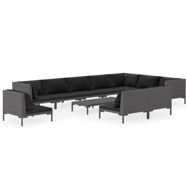 vidaXL 11 Piece Garden Lounge Set with Cushions Poly Rattan Dark Grey